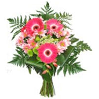 This is a stunning arrangement of pink Daisies, chrysanthemum and greenery. Colo...