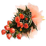 In a unique way  freshest orange roses bunch wrapped with matching cellophane or...