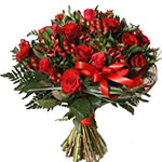 Wonderfully bouquet of red roses with alstromeria, hypericum, various greenery a...