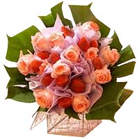 A simple soft bouquet of 2 dozen red & peach roses mix to expess ur grief n sorr...