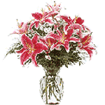 A bouquet of sweet-scenting pink liliums in a vase....