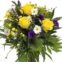 Bouquet of yellow roses and purple eustoma with attractive white daisies and yel...