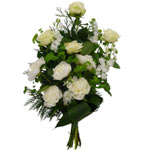 Bound funeral bouquet with various white flowers and green....