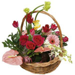A colourful flower arrangement in a dish/in a basket. 
...