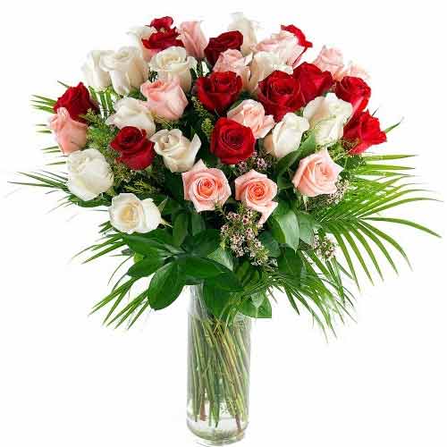Present this Stylish Premium Arrangement 36 Mix Color Roses in a Glass Vase to B...