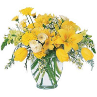This bright yellow jar arrangement of Alstroemeria...