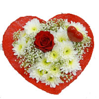 Heart-shaped  tied bouquet. Red roses, heart stick, white chrysanthemums . PROVI...