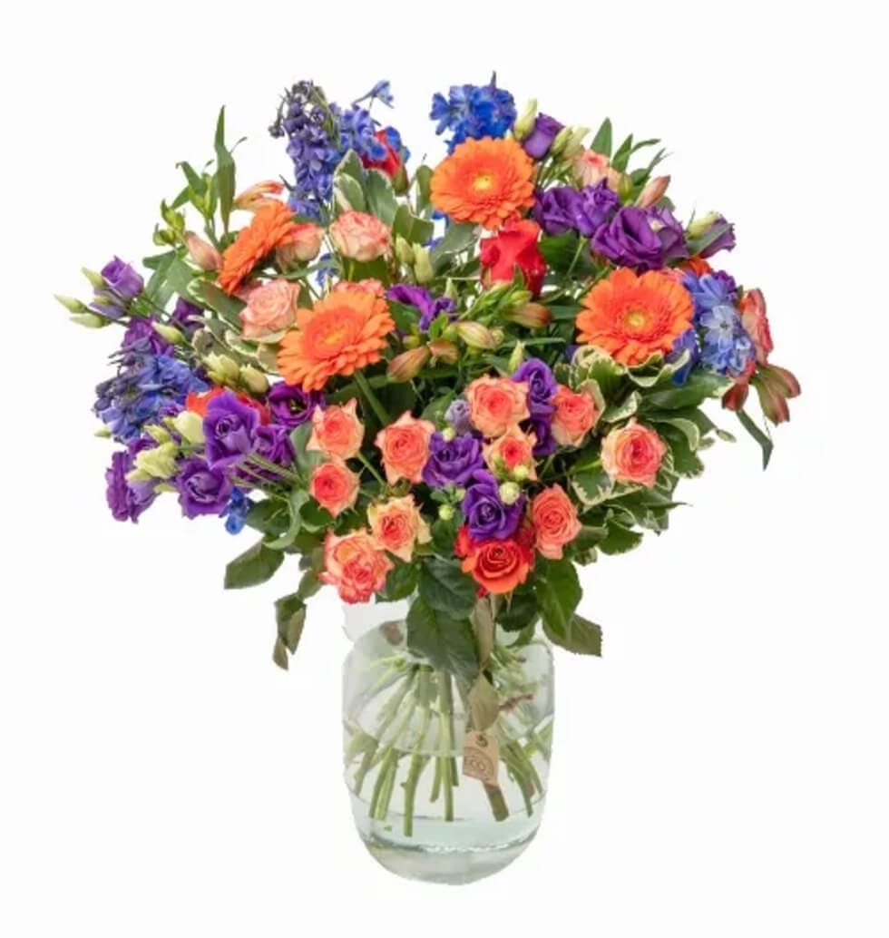 A modern bouquet of flowers in purple, blue, and orange. The bouquet contains 33...
