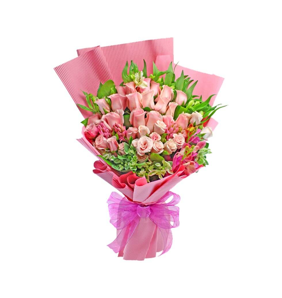 A bouquet of 18 roses made up of pink roses, mini ......  to Wu Kau Tang_Hongkong.asp