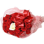 A bunch of 20 red roses with 1 white artificial rose, decorated beautifully with...