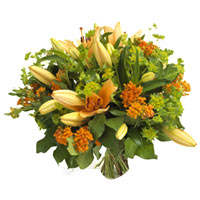 An extravagant assembly of large light yellow lilies! Small orange and lime gree...