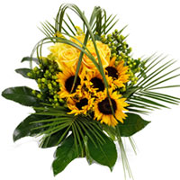 The quintessential summer flower bouquet! Sun flowers, yellow roses and lime gre...
