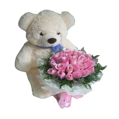 A big teddy bear is holding a bouquet of pink rose...