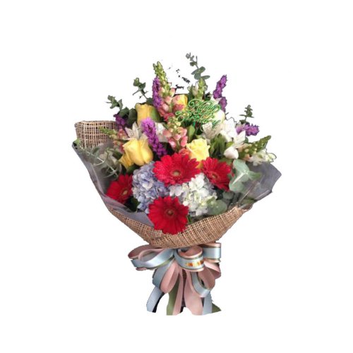 A bouquet of red roses, gerberas, and carnations m...