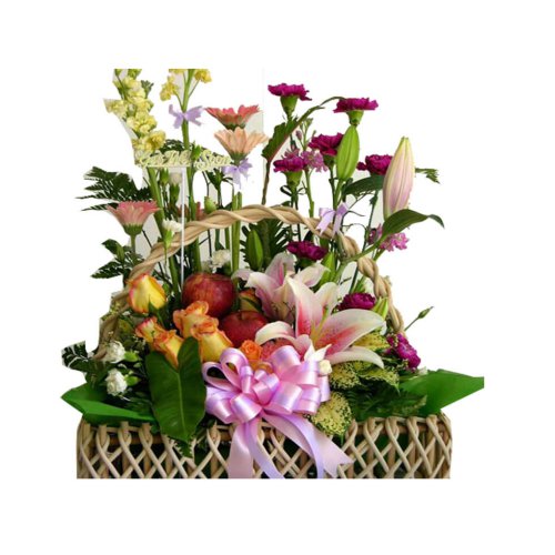 This beautiful fruit and flower bucket bouquet is ...