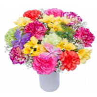A bright and cheerful arrangement of long-stemmed Carnations in pink, purple, ye...
