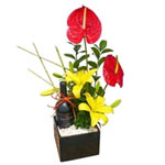 Beautiful arrangement of lilies and anthurium with a casillero del Diablo bottle...