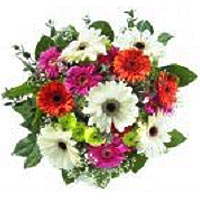 A bouquet of white gerbera pink and orange. Germini, green chrysanthemums, baby'...