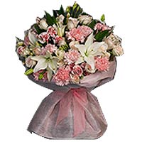 11 pink carnations, 2 white perfume lilies, greens......  to luzhou_florists.asp