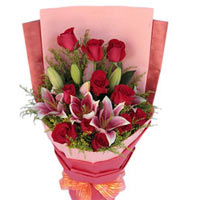 11 red roses and 3 pink perfume lilies with green ......  to flowers_delivery_baoding_china.asp