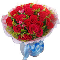 33 red roses with greens, pink round package, blue......  to Haozhou