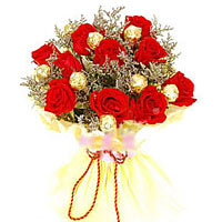 11 red roses, 8 chocolats, match greenery, flowers......  to Nanning
