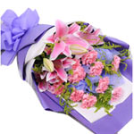 11 pink carnations and 2 pink lilies with greens,e......  to Hengyang_china.asp