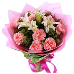 10 pink carnations, 2 white lilies, with greens, p......  to beihai_florists.asp