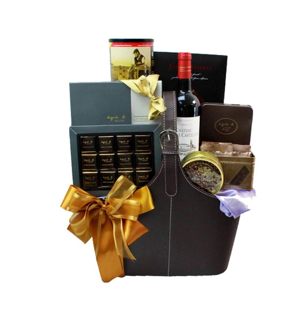 This beautiful Unique Leather Wine Food Gift Hampe......  to flowers_delivery_lung kwu chau_hongkong.asp