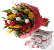 Seasonal bouquet of tulips and Raffaello candies