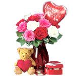 Multicolored roses with teddy bear w/ heart, 1 bal......  to cotabato