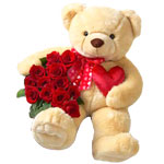A cute teddy bear (18.5  tall) holding 1 dozen red......  to La Carlota_philippine.asp