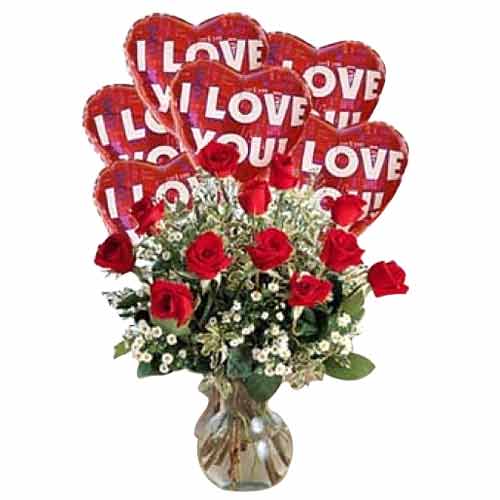 One dozen red roses in a vase with 6 pcs I love yo......  to dapitan