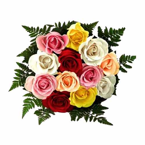 One dozen multi colored roses in a bouquet with fi......  to ormoc