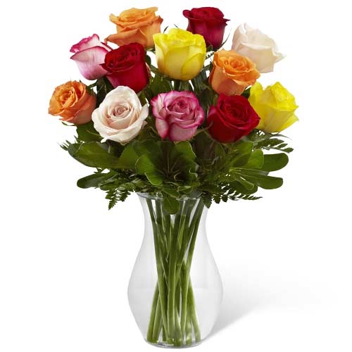Red, Yellow, Pink, White roses mix in vase with ba......  to Digos