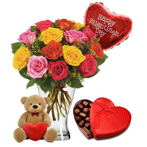 Multicolored roses with teddy bear w/ heart, 1 bal......  to Masbate