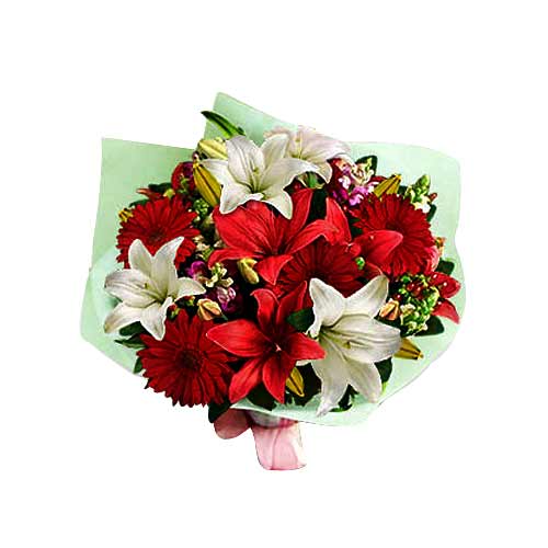 A robust bouquet of crimson and white Royal Lilies......  to Bais