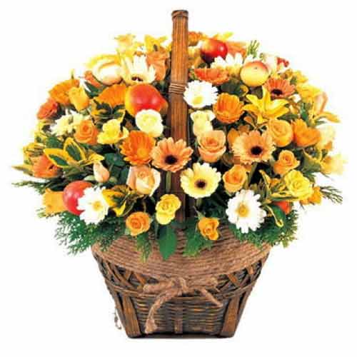 Arrangement of Full Mixed Flowers in a Basket.<br>......  to San Jose