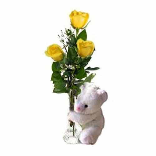 3 pcs yellow roses in a vase w/ bear......  to muntinlupa_philippine.asp