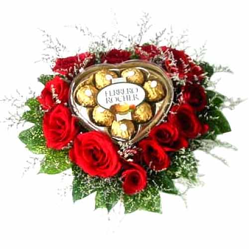Heart shapped ferrero chocolates with red roses in......  to ormoc_philippine.asp