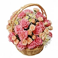 One sided arrangement of Pink Roses, Minirosa and chrysanthemums   for the most ...