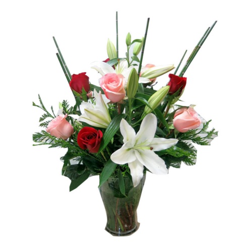 You can order this set of roses, lilium , and whit......  to Palma de Mallorca